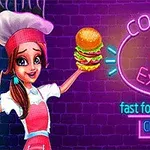 En kvindelig kok i en lyserød uniform holder en burger ved siden af neon-skiltet med ordlyden cooking express mod en lilla murstensbaggrund