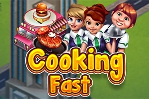Tre figurer i kokkeuniformer foran en pink madvogn med en tallerken bøf og en burger, med teksten Cooking Fast i forgrunden