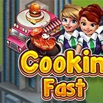 Tre figurer i kokkeuniformer foran en pink madvogn med en tallerken bøf og en burger, med teksten Cooking Fast i forgrunden