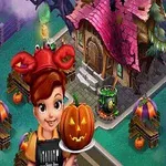 Kvinde i krabbehat holder en udskåret græskar foran et hus med et lyserødt tag og halloween-dekorationer