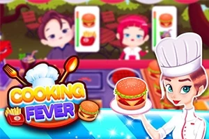 En kvindelig kok iført en hvid kasket holder en tallerken med en burger, mens to kunder vises i baggrunden med bestillinger på skærmen