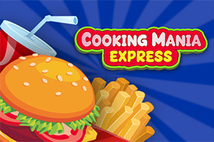 Hamburger, pomfritter og sodavand foran en blå baggrund med teksten Cooking Mania Express