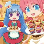 Tre anime-figurer i farverige forklæder holder tallerkener med forskellige desserter i et køkken