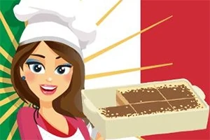 En tegnet kvinde med kokkehue holder en bakke med dessert foran et italiensk flag