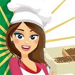 En tegnet kvinde med kokkehue holder en bakke med dessert foran et italiensk flag