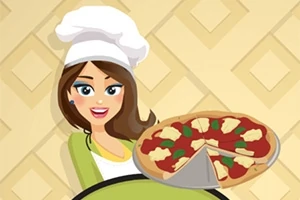 Kvinde i kokkehue holder en pizza med ananas og basilikumblade på en beige baggrund