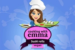 En tegneseriefigur af en kvinde iført kokkehue præsenterer en tallerken med sushi, med teksten cooking with emma: Sushi rolls vegan på en farverig baggrund