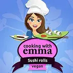 En tegneseriefigur af en kvinde iført kokkehue præsenterer en tallerken med sushi, med teksten cooking with emma: Sushi rolls vegan på en farverig baggrund