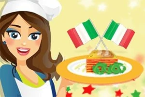 En tegneserie kok iført hvid kokkehue holder en tallerken med lasagne dekoreret med italienske flag