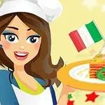 En tegneserie kok iført hvid kokkehue holder en tallerken med lasagne dekoreret med italienske flag