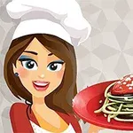 En kvinde iklædt kokkehue holder en rød tallerken med spaghetti toppet med en hjerteformet tomatskive