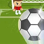 En tegneseriefigur står foran et mål, mens en stor fodbold bevæger sig mod målrammen