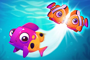 Farverige animerede fisk svømmer i lys blå vand med to mindre fisk efterfulgt af en større pink og gul fisk
