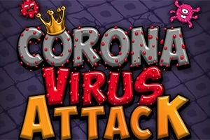 Tekst med ordene Coronavirus Attack i store, farverige bogstaver med en krone og tegneserievirusfigurer i baggrunden