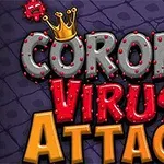 Tekst med ordene Coronavirus Attack i store, farverige bogstaver med en krone og tegneserievirusfigurer i baggrunden