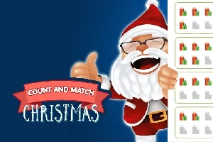 Julemand med briller og tommelfingeren op ved siden af tekstbanner med Count and Match Christmas på blå baggrund