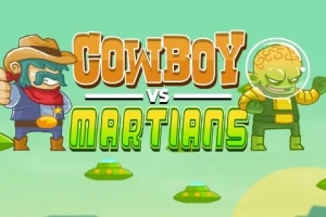En cowboyfigur og en grøn marsmand står på hver sin side af teksten Cowboy vs Martians med flyvende tallerkener i baggrunden