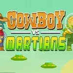 En cowboyfigur og en grøn marsmand står på hver sin side af teksten Cowboy vs Martians med flyvende tallerkener i baggrunden