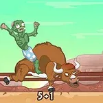 En grøn zombie i blå shorts rider på en brun tyr i en tegneserieagtig ørkenindstilling med en cowboyhat flyvende i luften