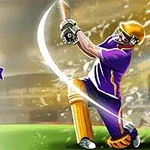En cricketspiller i lilla uniform svinger sit bat dramatisk, mens der er menupunkter til et enkelt kampvalg på skærmen