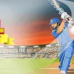 En illustration af en cricketersvingning på en stadion med teksten CPL Tournament og en rød play-knap i forgrunden