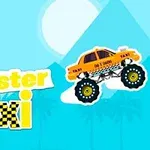 En stor gul monstertruck-taxi foran en blå himmel med pyramider i baggrunden