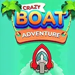 Farverig illustration af en båd under palmer med teksten Crazy Boat Adventure