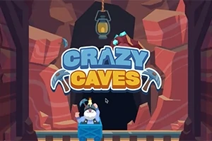 En tegneseriestil minearbejder i en vogn foran en huleåbning med det farverige skilt Crazy Caves