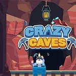 En tegneseriestil minearbejder i en vogn foran en huleåbning med det farverige skilt Crazy Caves