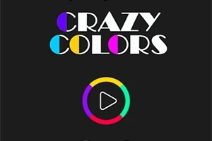 Tekst i forskellige farver med ordene Crazy Colors og en farverig cirkel med en play-knap på en sort baggrund