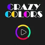 Tekst i forskellige farver med ordene Crazy Colors og en farverig cirkel med en play-knap på en sort baggrund