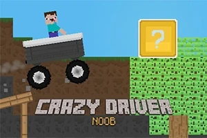 En pixelkarakter kører en bil op ad en skråning i et bloklandskab med et stort spørgsmålstegn i baggrunden og teksten Crazy Driver Noob nederst
