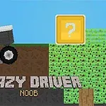 En pixelkarakter kører en bil op ad en skråning i et bloklandskab med et stort spørgsmålstegn i baggrunden og teksten Crazy Driver Noob nederst