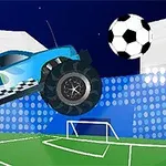 Blå monstertruck i luften foran en stor fodbold på en stadion baggrund med målnet