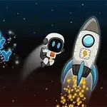 En astronautfigur svæver i rummet ved siden af en raket med stjerner i baggrunden