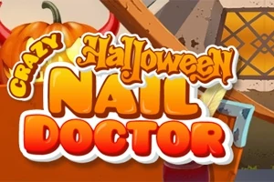 Titeltekst i tegneseriestil med ordene Crazy Halloween Nail Doctor foran en baggrund med et græskar og et hus i halloween-tema