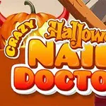 Titeltekst i tegneseriestil med ordene Crazy Halloween Nail Doctor foran en baggrund med et græskar og et hus i halloween-tema