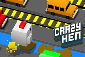 En pixeleret hvid høne med en rød kam løber over en vej med biler, der kører i begge retninger, mens teksten Crazy Hen er synlig