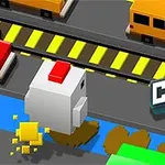 En pixeleret hvid høne med en rød kam løber over en vej med biler, der kører i begge retninger, mens teksten Crazy Hen er synlig