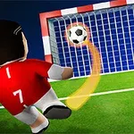 En animeret fodboldspiller i rød trøje sparker en fodbold mod et mål med et kurvet skud