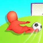 En rød figur ligger på grøn jord og sparker en sort-hvid fodbold mod et mål med en anden rød figur som målmand