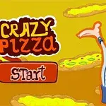 Glad pizzabager i tegneseriestil med flere flyvende pizzaer og teksten Crazy Pizza Start på en gul baggrund