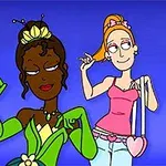 To an animerede figurer står foran en blå baggrund, hvor den ene er klædt i en grøn prinsessekjole og den anden i en pink top med en hjerteformet taske