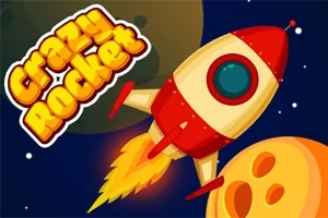 Rød og hvid raket med ild spor bagved flyver forbi en måne med teksten Crazy Rocket i øverste venstre hjørne