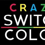 Tekst med CRAZY SWITCH COLOR i farverige bogstaver på sort baggrund