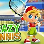 En tegneseriefigur med en tennisketcher står på en bane ved siden af teksten Crazy Tennis og en grøn tegnet maskot foran et tribunefyldt stadion