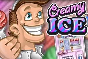 En tegneseriefigur i hvid kittel holder en isvaffel med teksten Creamy ICE i baggrunden