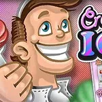 En tegneseriefigur i hvid kittel holder en isvaffel med teksten Creamy ICE i baggrunden