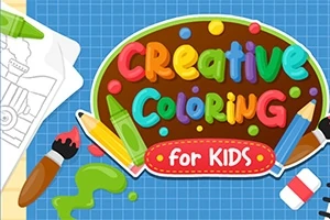 Farverigt Creative Coloring for Kids-skilt med malerpensel, blyant og farvelægningstegninger på en blå baggrund