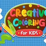Farverigt Creative Coloring for Kids-skilt med malerpensel, blyant og farvelægningstegninger på en blå baggrund